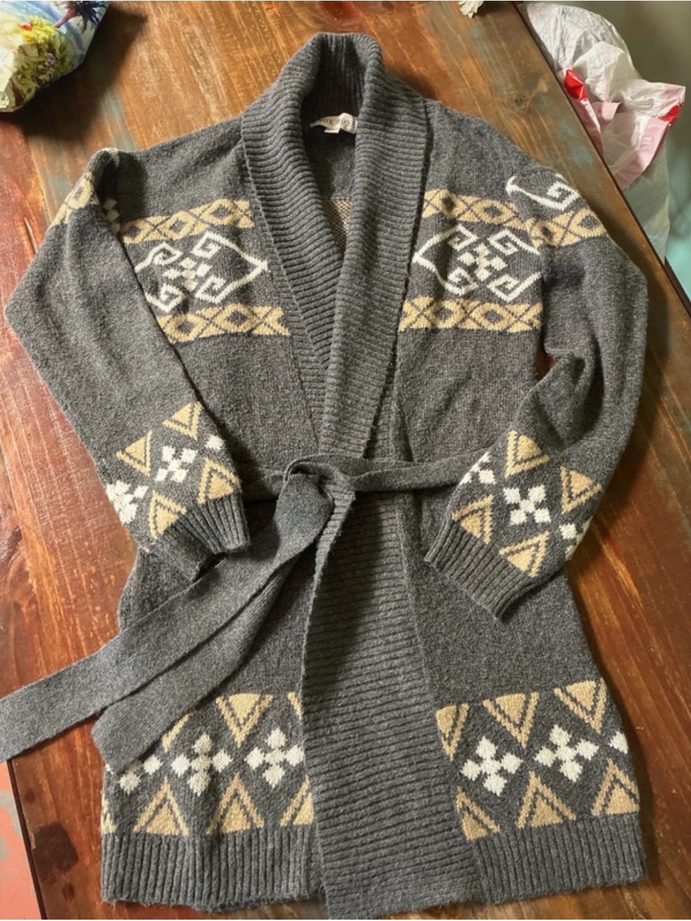 Knox Rose Belted Cardigan w/Geometric Pattern Medium - Picture 1 of 7